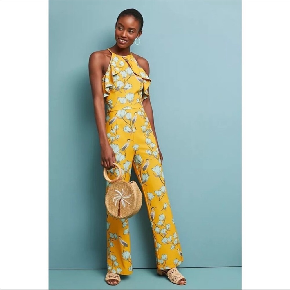 Anthropologie Warbler Floral Ruffled Jumpsuit size 4 yellow